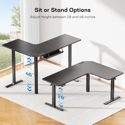 HUANUO 63″ Dual Motor L-Shaped Standing Desk, Built-in Power Outlets, Electric Height Adjustable Corner Computer Desk, Large Power Strip Holder, Sit Stand Up Desk with 3 Preset Heights, Black 6