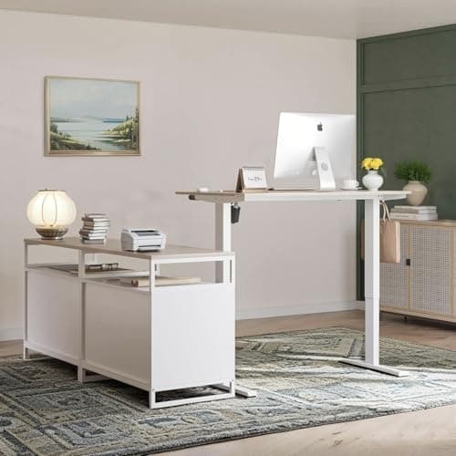 FEZIBO Executive Standing Desk, L Shaped Standing Desk with Storage, Executive Desk Height Adjustable, Light Walnut
