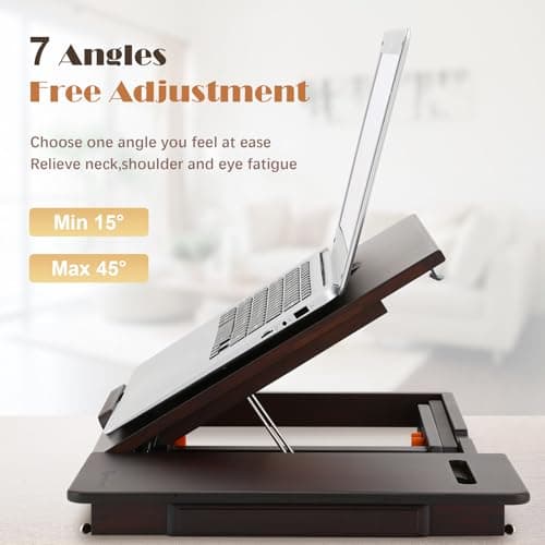 Laptop Desk for Bed with Fan Nnewvante 7 Angles & 4 Heights Adjustable Bamboo Laptop Table Foldable Lap Desk with Drawer and Phone Slot for Bed Floor Sofa, Black Walnut 5
