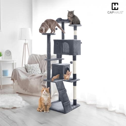 CAPHAUS Cat Tower for Indoor w/Cat Wand Toy, Modern Cute 74-Inch Cat Tree w/Widened Perch for Large Cats Kittens, Multi-Level Cat Activity Tree w/Scratching Posts, Tunnel, Basket, Cat Cave Condo 8