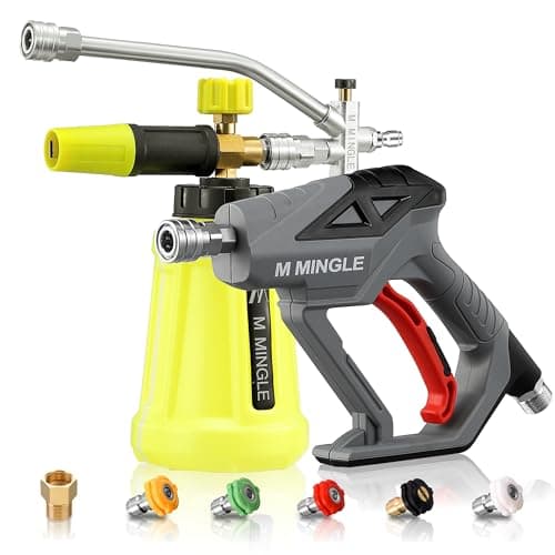 M MINGLE High Pressure Washer Gun with Foam Cannon, Foam Cannon Dual Connector Accessory, Car Wash Foam Gun Kit 1/4 Inch Quick Connector, 5 Pressure Washer Nozzle Tips