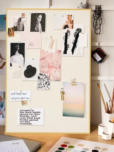 Lightomorrow Bulletin Board 30 x 20 inches, Oatmeal White Pin Board Vision Board, Golden Aluminum Framed Fabric Cork Board with 10 Push Pins 5