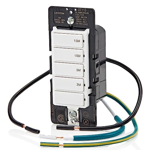 Leviton Countdown Timer Switch for bathroom fan and household lights, 2-5-10-15 min, No Neutral Required, Single Pole, 15A, 1/2 HP/9.8A Fan/Motor, DT115-1LW, White 11