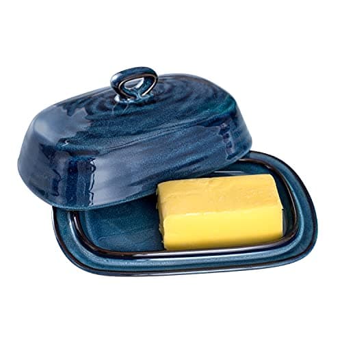 Hasense Butter Dish with Lid, Ceramic Butter Dish with Knife for Countertop with Covered, Large Butter Keeper Handle Design, Blue