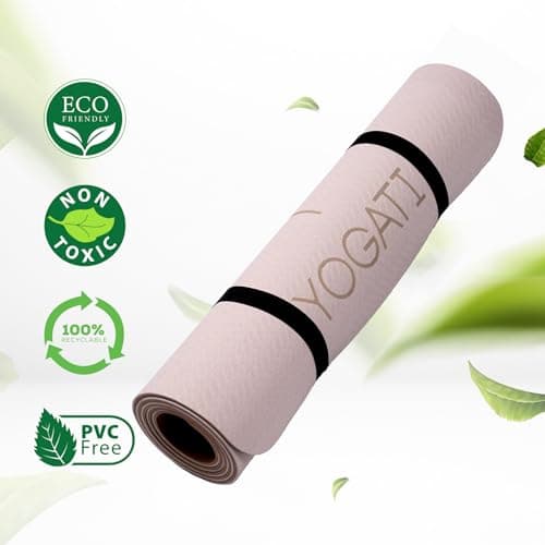 YOGATI® Non Slip Yoga Mat with Alignment Lines. Home Workout Mat for Women, Men and Kids. Thick Yoga Mats with Strap for Pilates and Fitness. Brown and Beige Yoga Mat. 5