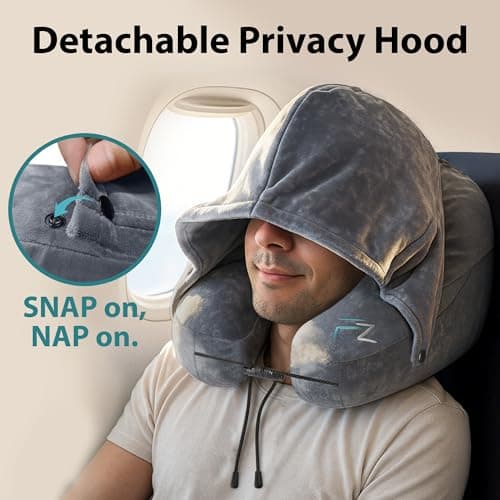 FLOWZOOM Air Inflatable Neck Pillow for Traveling on Plane - H-Shape Hooded Travel Pillow with 5 Snooze Modes, Fast Inflation, Pressure Control, Cozy Clip-On Hood & Plushy Cover - Size L, Silver Gray 5