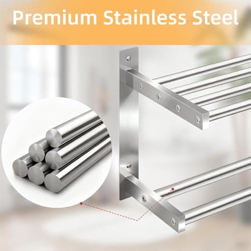 Towel Racks for Bathroom 24 inch, 2 Tier Bathroom Shelf with Double Towel Bar, Stainless Steel Wall Mounted Towel Rack with Shelf for Bathroom Towels Storage, Brushed Nickel 5
