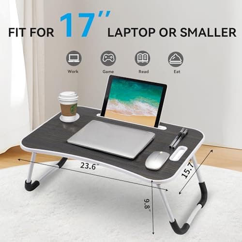 BUYIFY Folding Lap Desk, 23 Inch Portable Wood Black Laptop Bed Desk Lap Desk with Cup Holder, for Working Reading Writing, Eating, Watching Movies for Bed Sofa Couch Floor 5