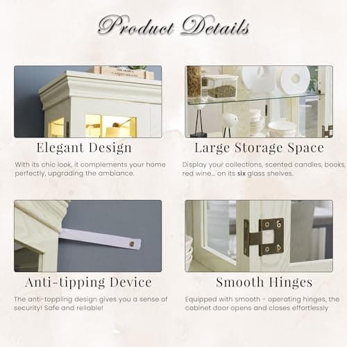 Lighted Curio Cabinet 71" Vintage Glass Display Case with Adjustable Shelves, 4 Tempered Glass Doors, Bulb Included, Wooden Wine Bar China Cabinet for Living Room Liquor Storage (Antique White) 6