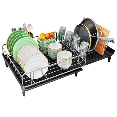 SNTD Dish Drying Rack - Expandable Dish Rack for Kitchen Counter, Large Dish Drainer with Pan Holder, Dish Strainer with Drainboard Cup Holder and Utensil Holder, Black 7