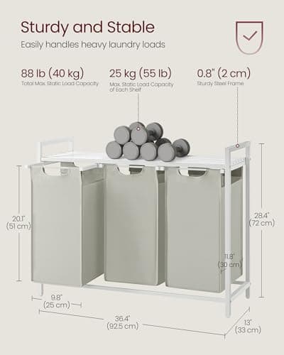 VASAGLE Laundry Hamper, Laundry Basket, Laundry Sorter with 3 Pull-Out and Removable Bags, Shelf, Metal Frame, 3 x 10.6 Gallons (40 L), 36.4 x 13 x 28.4 Inches, Cream White and Cloud White UBLH301W01 7