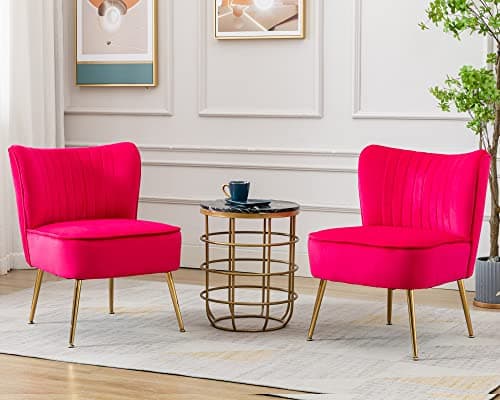 Janoray Velvet Accent Chair Set of 2 Comfy Living Room Chair Armless Slipper Chair Mid Century Side Single Sofa Chair with Golden Legs Wingback for Bedroom Guest Room, Hot Pink