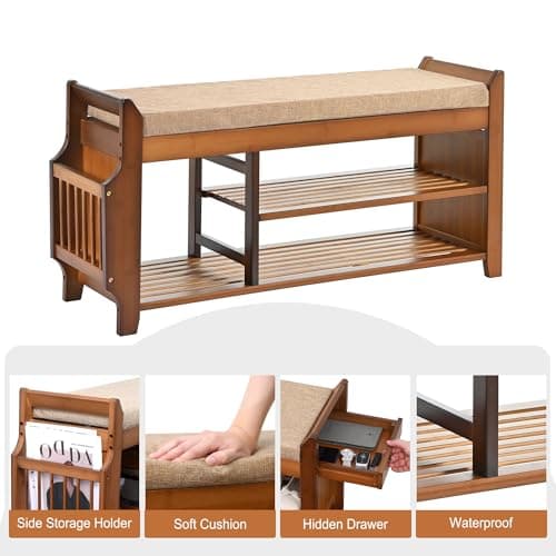PETKABOO Shoe Bench with Hidden Drawer and Side Holder, 2 Tier Entryway Bench with Storage 39.4 in, Bamboo Shoe Rack with Cushion for Entryway Hallway Living Room Bedroom 9