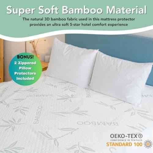 Bamboo Rayon Mattress Protector with Zipper + 2 Pillow Protectors - 100% Waterproof Cooling Queen Size Cover - Ultra Soft Fabric Breathable Noiseless Mattress Pad Covers Zippered Encasement 6