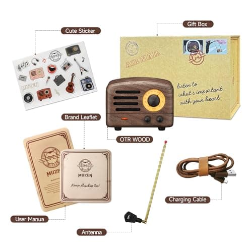 Muzen Portable Bluetooth Speaker, OTR Wood Vintage Small Wireless Speaker, FM Radio with Antenna AUX, 10h+ Long Playtime, High Fidelity Stereo Audio with Suitcase, for Gift Home Picnic 7