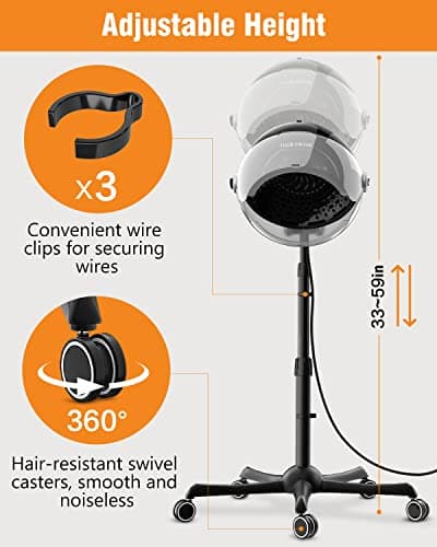 COLLIFORD Ionic Hooded Hair Dryer, 1875W Professional Height Adjustable Standing Hair Dryer Bonnet with 3 Temperature Settings, Portable Salon Dryer with Rolling Wheels for Home & Hairstylist 7