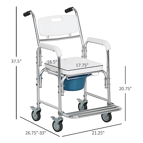 HOMCOM 3-in-1 Shower Commode Wheelchair, FSA/HSA Eligible Transport Beside Commode Chair, Waterproof Rolling Over Toilet Chair 330 lbs. Weight Capacity with Padded Seat, White 7