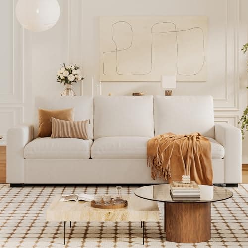 AMICLIBER 88 Inch Comfy Sofa Couch,Cloud Sofa Couch with Extra Deep Seats,Modern 3 Seater Sofa Couches,Cotton Linen Fabric Loveseat Sofas for Living Room, Dorm, Office, Apartment,Pure White