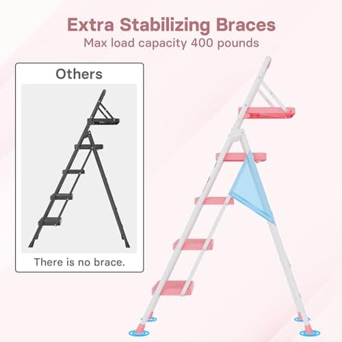 BONTEC 4-Step Ladder, 400lbs Max Load, Folding Step Stool with Tool Tray, Anti-Slip Pedals, Sturdy Steel, Lightweight Portable Ladder with Handrail for Home & Work Use, Pink 6