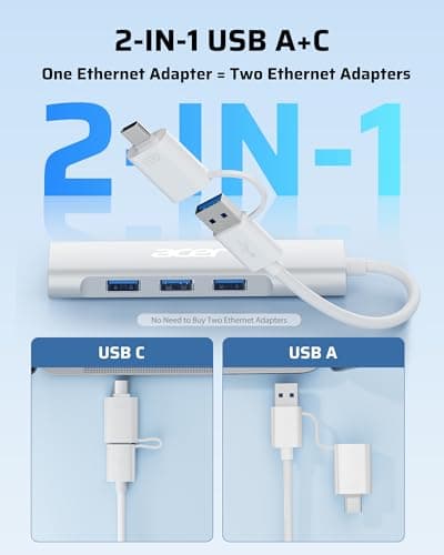 Acer USB C to Ethernet Adapter, 4-in-1 USB-A/C Hub with 3 USB-A 3.1 & 1Gbps RJ45 Networks, USB-C to LAN Adapter for MacBook Pro Air, Surface, Chromebook, Acer, Laptop, and More 5