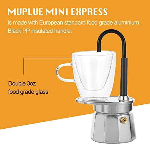 MVPLUE-Mini Express Swiss Single Tube Moka Pot Aluminum Silver，Moka Set includes One Double Wall 3oz Cup,Enjoy delicious coffee in no time 4