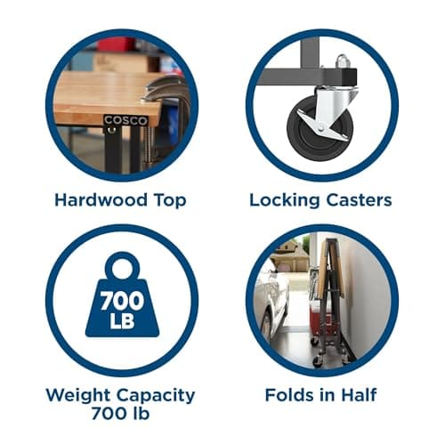 COSCO SmartFold Butcher Block Portable Workbench / Folding Utility Table (Hardwood Top, 700LB Total Weight Capacity, Locking Casters, Gray Steel Frame, 1 Pack) 7