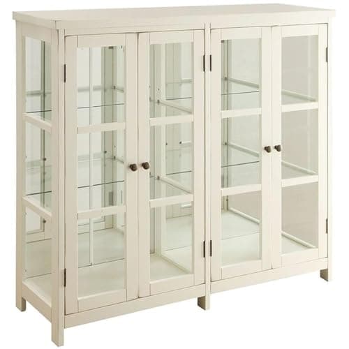 BOWERY HILL 4 Door Glass Display Curio China Accent Cabinet in Antique White