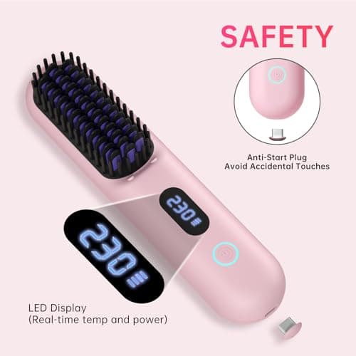 Cordless Hair Straightener Brush - Portable Straightener Brush with 9 Temp Settings, Mini Straightening Comb for Travel, 9600mAh Rechargeable Batt & 224 Million Negative Ions (Pink) 6