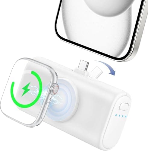 RORRY Mini Portable Charger for iPhone 17 16 15, Built-in Foldable USB-C Connector Power Bank, 5000mAh 15W Fast Charging Small Battery Pack for iPhone and Apple Watch, White