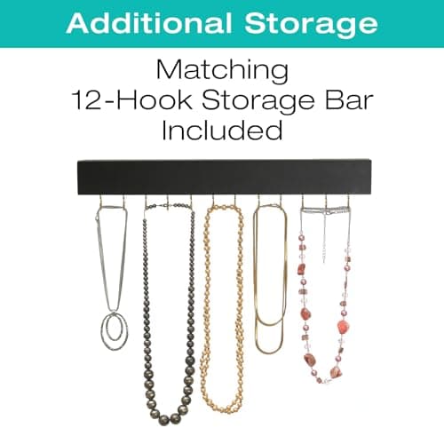 Wall Mounted Jewelry Organizer with Herringbone Wood Pattern. Jewelry holder for Necklaces, Earings, Bracelets, Ring Holder, and Accessories. Includes hooks for hanging jewelry - Black & Brown 6