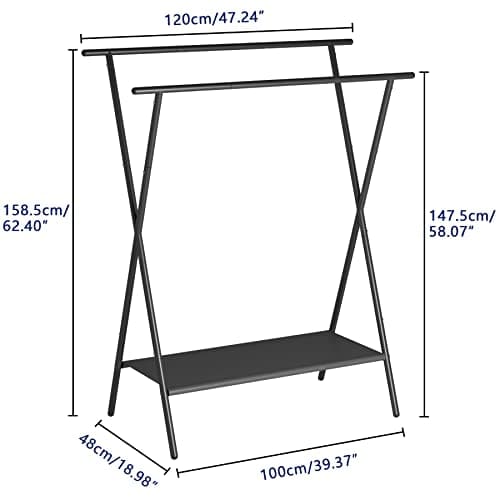Laiensia Double Rods Clothing Racks for Hanging Clothes,Portable Clothing Hanging Garment Rack with Bottom Oxford Cloth Shelves,Black 6