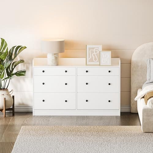 Cozy Castle Baby Dresser with 6 Drawers and Large Table Top, Multi-Functional Chest of Drawer, Drawer Dresser with Three-Sided High Rails for Nursery, Children's Room, Bedroom, White 7