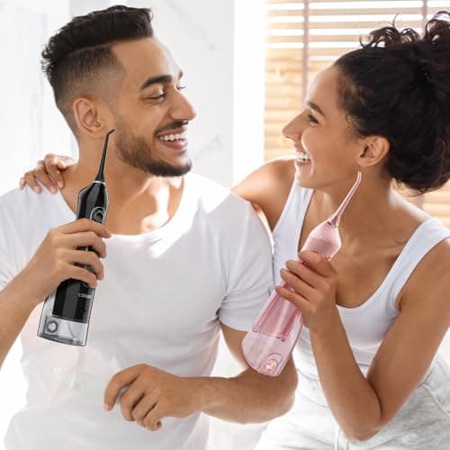 COSLUS 2 Pack C20 Cordless Water Flosser with Elegant Packaging for Teeth, Braces, Gums Care - Easy to Use, Rechargeable, Waterproof, Portable for Travel, BPA-Free, Black & Pink 8