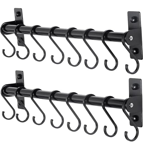 Dseap Kitchen Utensil Holder Hanger, Pot and Pan Rack Wall Mounted, Kitchen Rail with 8 Hooks for Hanging Cooking Utensils, Mugs, Spoons, Wall Mounted, Black, Pack of 2