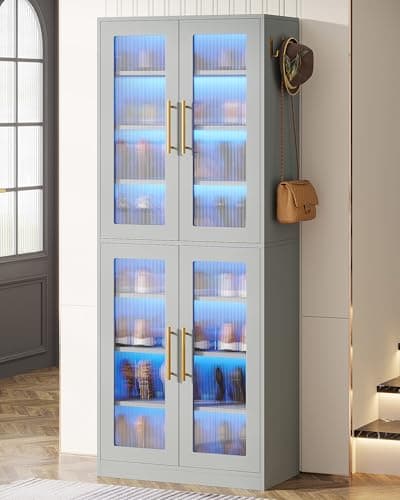 Tribesigns Tall Shoe Cabinet with Acrylic Doors and LED Lights, 8-Tier Entryway Shoe Organizer Storage Rack with Adjustable Shelves and Hanging Hooks for Narrow Closet, Hallway, Living Room, Gray