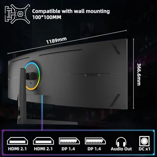 49 Inch Curved Ultra Wide Gaming Monitor, 4K (3840x1080P), 144Hz/165Hz 1500R, 32:9125% sRGB, FreeSync, Height Adjustable Screen Monitor, HDMI 2.1 And DP 1.4, Supports Wall Mounted Installation 9