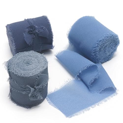 Frayed Chiffon Ribbon Mixed Color Set 2" x 8 Yards x 3 Rolls (Total : 24 Yards) for Wedding Flower Bridal Bouquets Gift Wrapping Baby Shower Dusty Blue/Gray Blue/Dark Blue