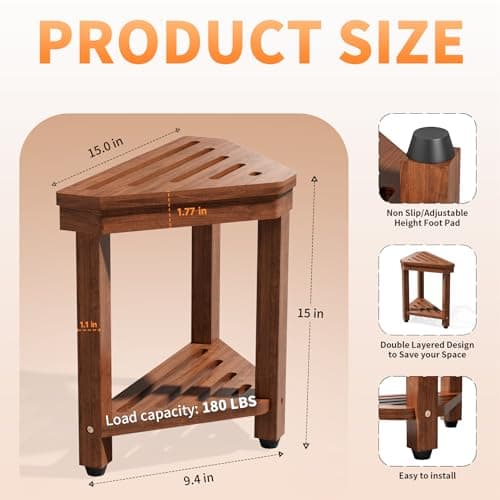 Shower Foot Rest 15 in, Acacia Shower Stool for Shaving Legs,Corner Bath Shower Bench with Starage Shelf for Inside Small Shower Spaces 7