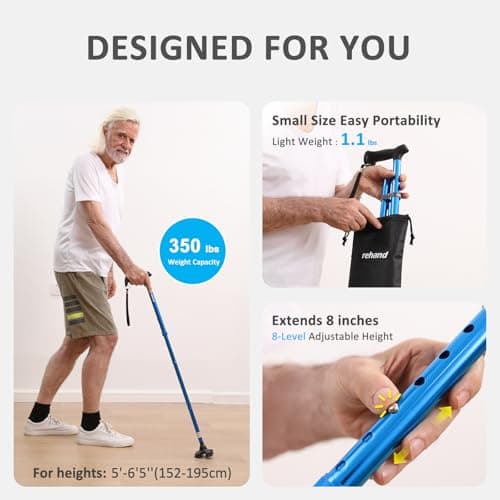 REHAND Walking Cane for Men & Women - Foldable, Adjustable, Lightweight, Self Standing Pivot Walking Cane, Soft Handle Grip, with Travel Bag, Walking Sticks for Seniors & Adults (Black) 5
