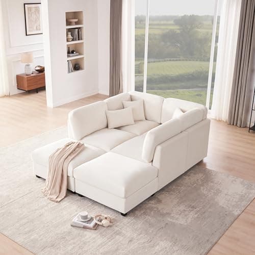 Huatean Home 125 Inch Oversized Corduroy Modular Sectional Sofa, U Shaped Modular Couch with Storage, 5 Seat Convertible Corduroy Couch, Comfy Sectional Couches for Living Room with Foam, Light Beige 7