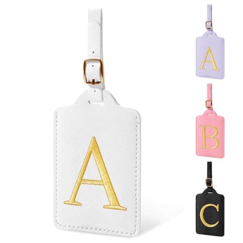 Personalized Initial Luggage Tags for Suitcase TSA Approved, White Leather Cute Luggage Tag with Privacy Cover Name Card, Embroidered Custom Luggage Tags Travel Baggage Tags Gifts for Women Kids(A)