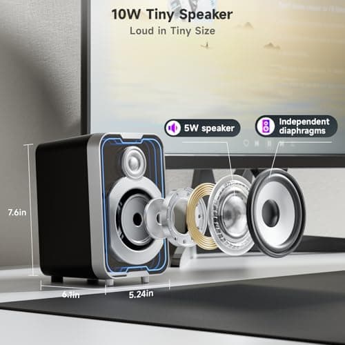 SOULION 2.0 Computer Speakers, 10W USB-Powered Bluetooth Wired PC Speaker with Easy-Control Pod for Desktop, Tiny Desk Soundbar with 5 Mirror-Like LED Light Modes for Monitor Laptop Gaming Music Black 5