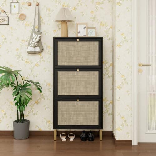 ZeHuoGe Rattan Shoe Cabinet with 3 Flip Drawers, Black 3-Tier Shoe Rack Storage Cabinet for Heels, Boots, Slippers, Free Standing Shoe Rack, Entrance Hallway Entryway (Black)