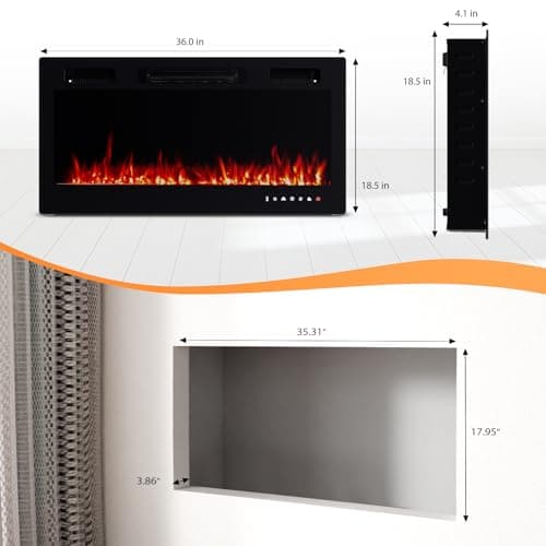 ROVSUN 36'' Electric Fireplace, 2-in-1 Ultra-Thin Wall Mounted & Recessed Fireplace with Remote & APP Control, 1500W Wall Heater w/ 12 Flame Color, 5 Brightness, Timer, Crystal Set 6