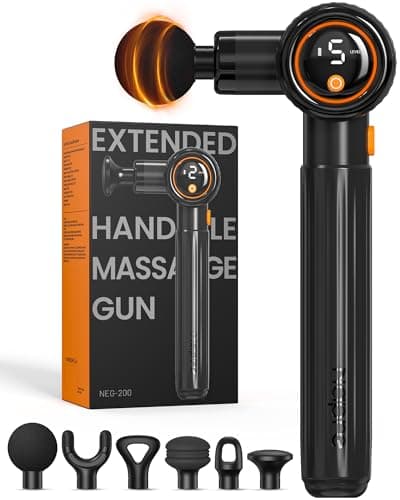 NAPRE Massage Gun with Extension Handle & 3 Adjustable Angles,Deep Tissue Back Massage for Neck/Shoulders/Waist/Legs/Body Pain Relief,Handheld Percussion Muscle Massager,6 Heads & Silent,Black