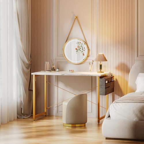 ODK Computer Desk, 40 Inch Small Study Desk, Office Desk with Storage, Work Table with Headphone Hook for Small Space Home Office, White Marble + Gold Leg 9