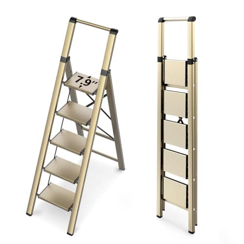 WOA WOA 5 Step Ladder for 10 Feet High Ceiling, Lightweight Foldable Ladder with Non-Slip Wide Pedals, Step Stool with Safe Handrail, Space Saving for Home, Kitchen, Indoor & Outdoor 300lbs - Gold