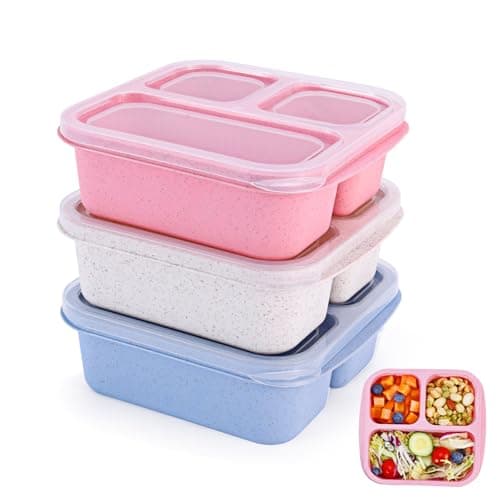 Rinwoc Bento Box [Portion Size], 3 Pack Snack Containers with 3 Compartments for Meal Prep & On-the-Go [School, Travel], Lunchable Container Reusable and BPA-Free