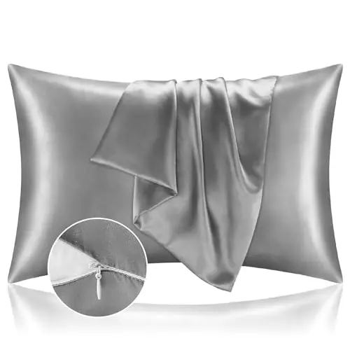 BEDELITE Satin Pillowcase with Zipper 2 Pack, Grey Pillow Cases Standard Size, Super Soft and Cooling Similar to Silk Pillow Cases, Gift for Women Men(20x26 Inches)