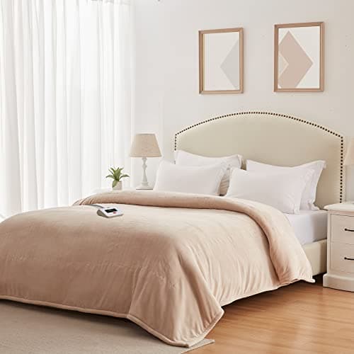 Sealy Electric Blanket Twin Size, Flannel Heated Blanket with 10 Heating Levels & 1-12 Hours Auto Shut Off, Fast Heating Warm Blanket, Machine Washable, Beige, 62 x 84 Inch 8